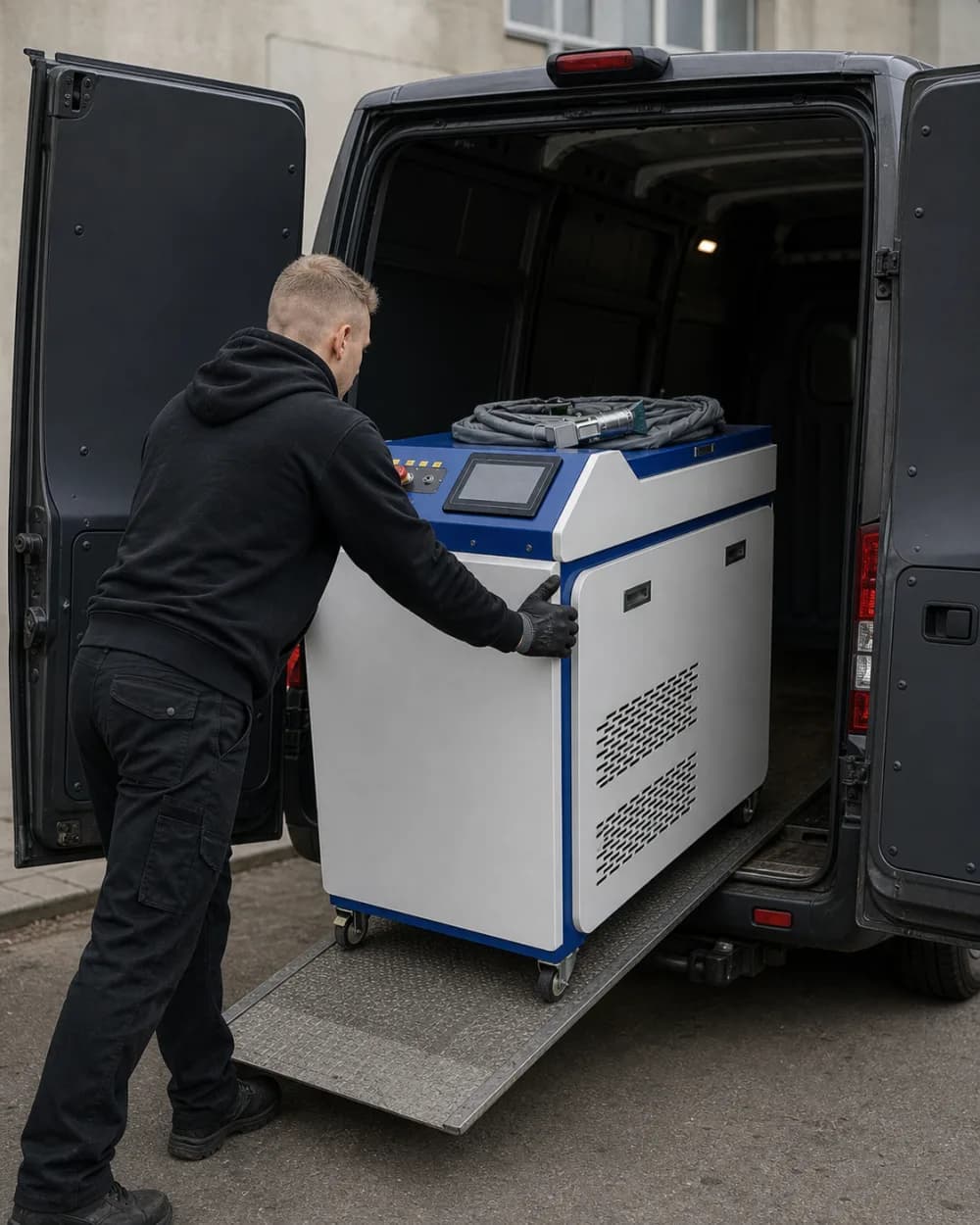 Technik nakládá laserový čisticí stroj do servisní dodávky