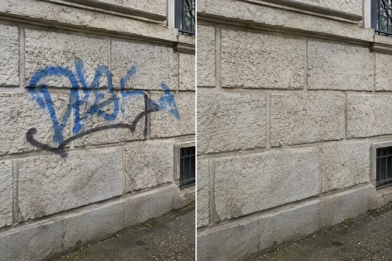 Ilustrační srovnání před a po: Graffiti a posprejované zdi.